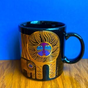 VTG Laurel Burch Lion Art Mug Black Gold Foil Tiger & Cub Coffee Tea Mug 16 oz